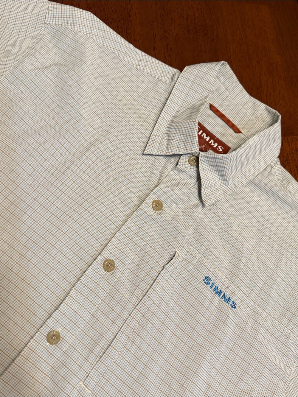 Simms Shirt Mens M White Plaid Short Sleeve Fishing Button Front Zip Pocket Hike